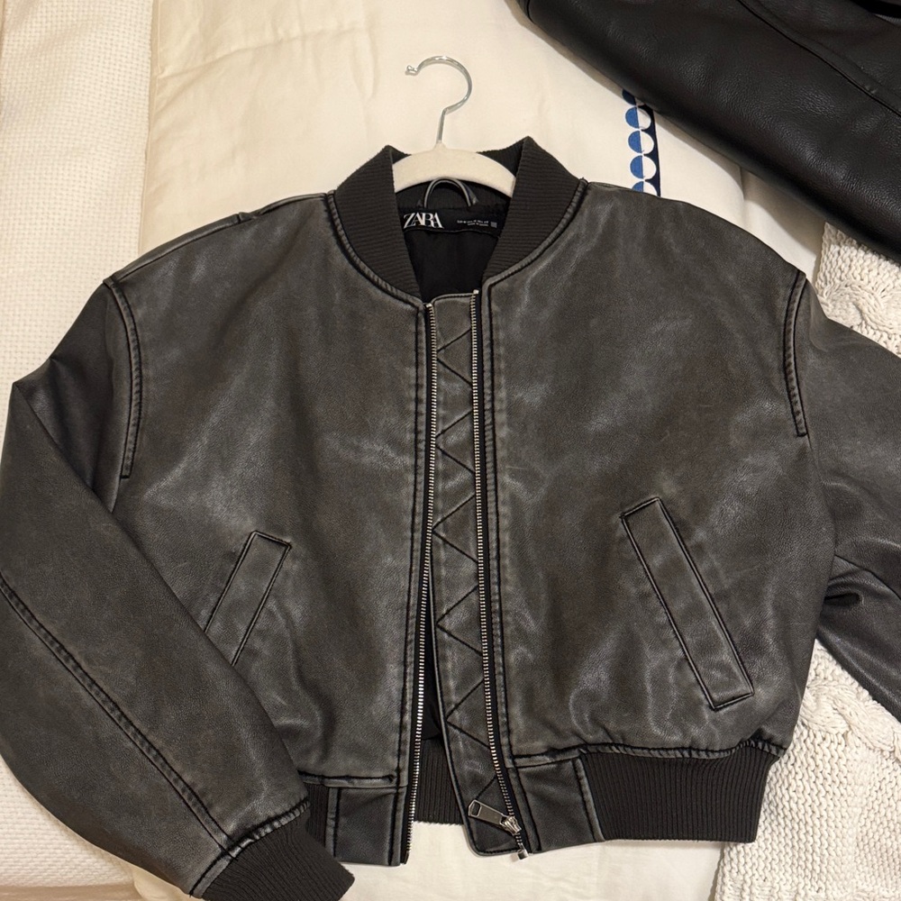 Zara Charcoal Leather Bomber Jacket